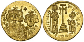 Constans II (641-668), solidus, Constantinople, facing busts of Constans II and Constantine IV, between their heads cross, rev., long cross potent on ...