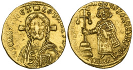 Justinian II, First Reign (685-695), solidus, Constantinople, facing bust of Christ with cross behind head, rev., standing figure of Justinian holding...