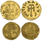Justinian II, First Reign (685-695), semissis, Constantinople, facing bust holding globus cruciger, rev., cross potent on globe; 2.13g (DO 9; S. 1251;...