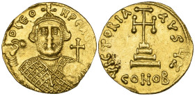 Leontius (695-698), solidus, Constantinople, facing bust holding akakia and globus cruciger, rev., cross potent on three steps; officina Z; in ex., CO...