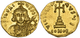 Tiberius III (698-705), solidus, Constantinople, bust facing holding spear and shield, rev., cross potent on three steps; officina I; in ex., CONOB, 4...