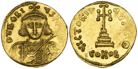 Tiberius III (698-705), solidus, Constantinople, bust facing holding spear and shield, rev., cross potent on three steps; officina Θ(?); in ex., CONOB...
