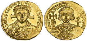 Justinian II, Second Reign (705-711), solidus, Constantinople, facing bust of Christ with cross behind head, rev., bust of Justinian facing holding cr...