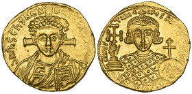Justinian II, Second Reign (705-711), solidus, Constantinople, facing bust of Christ with cross behind head, rev., bust of Justinian facing holding cr...