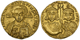 Justinian II, Second Reign (705-711), solidus, Constantinople, facing bust of Christ with cross behind head, rev., Justinian II and Tiberius holding b...