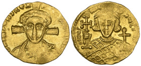 Justinian II, Second Reign (705-711), tremissis, Constantinople, facing bust of Christ with cross behind head, rev., bust of Justinian holding cross p...