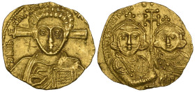 Justinian II, Second Reign (705-711), tremissis, Constantinople, facing bust of Christ with cross behind head, rev., Justinian II and Tiberius holding...