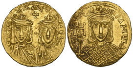 Constantine V, Copronymus (741-775), solidus, Constantinople, facing busts of Constantine V and Leo IV, above cross, rev., facing bust of Leo III hold...