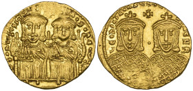Leo IV the Khanzar (775-780), solidus, Constantinople, seated figure of Leo IV and Constantine VI wearing chlamys, above cross, rev., facing busts of ...