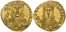Nicephorus I (802-811), solidus, Constantinople, facing bust holding potent cross and akakia; rev., facing bust of Stauracius holding globus cruciger ...