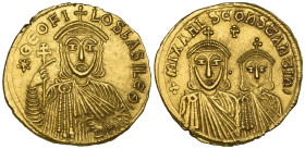 Theophilus (829-842), solidus, Constantinople, facing bust holding patriarchal cross and akakia; rev., facing busts of Michael II and Constantine, pel...