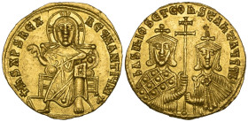 Basil I the Macedonian (867-886), solidus, Constantinople, Christ enthroned facing, rev., facing busts of Basil and Constantine holding between them p...