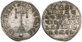 Basil I the Macedonian (867-886), miliaresion, Constantinople, cross potent on three steps, beneath globe; triple border, rev., inscription in six lin...