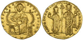 Constantine VII, Porphyrogenitus (913-959), solidus, Constantinople, Christ enthroned facing, rev., Romanus II and Constantine VII, standing facing, e...