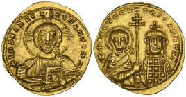 Nicephorus II, Phocas (963-969), histamenon, Constantinople, facing bust of Christ, rev., facing busts of Virgin and Nicephorus, holding between them ...
