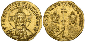 Basil II, Bulgaroktonos (976-1025), histamenon, Constantinople, facing bust of Christ, rev., facing busts of Basil II and Constantine, holding between...