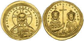 Basil II, Bulgaroktonos (976-1025), histamenon, Constantinople, facing bust of Christ wearing nimbus ornamented with two crescents, rev., facing busts...