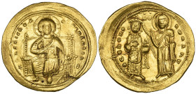 Romanus III, Argyrus (1028-1034), histamenon, Constantinople, Christ enthroned facing, rev., Romanus facing standing, holding globus cruciger and crow...