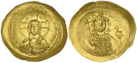 Constantine IX, Monomachus (1042-1055), histamenon, Constantinople, facing bust of Christ, rev., facing bust of Constantine IX holding long cross and ...