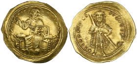 Isaac I, Comnenus (1057-1059), histamenon, Constantinople, Christ enthroned facing, rev., Isaac standing facing, holding sword and sheath; double boar...