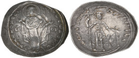 Michael VII, Ducas (1071-1078), miliaresion, Constantinople, Virgin orans facing, rev., Michael standing facing, holding long cross and sword; double ...