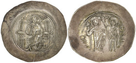 Manuel I, Comnenus (1143-1180), electrum aspron trachy, Constantinople, Christ enthroned facing, rev., Manuel standing facing, holding labarum and glo...