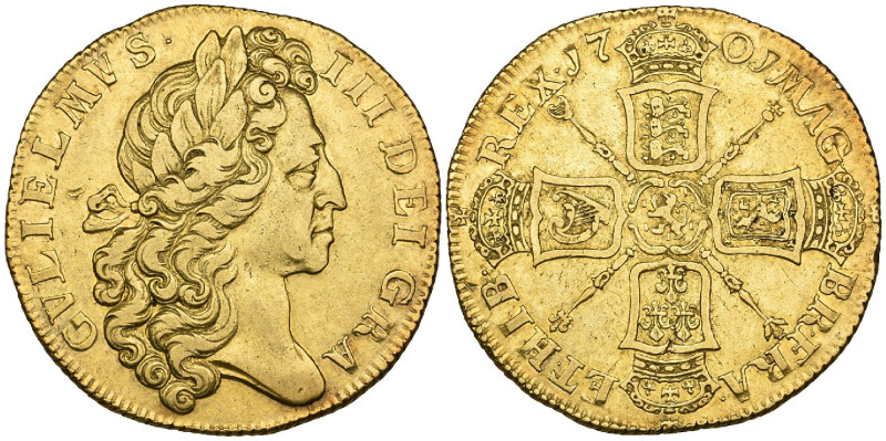 William III, two-guineas, 1701, 'Fine Work' type (S. 3457), knock behind King’s ...