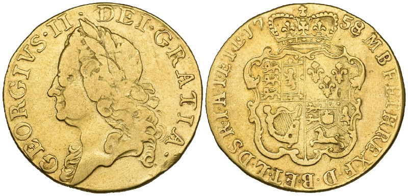 George II, old head, guinea, 1758 (S. 3680), has been bent and repaired, about f...