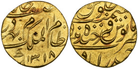 India, Hyderabad, Mir Mahbub Ali Khan (AH 1285-1329; AD 1869-1911), ashrafi, 1318h, year 35, 11.17g (KM Y.22), single test mark on obverse, extremely ...