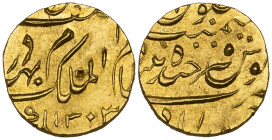 India, Hyderabad, Mir Mahbub Ali Khan (AH 1285-1329; AD 1869-1911), half ashrafi, 1303h, year off flan, 5.48g (cf. KM Y.21), single test mark on obver...