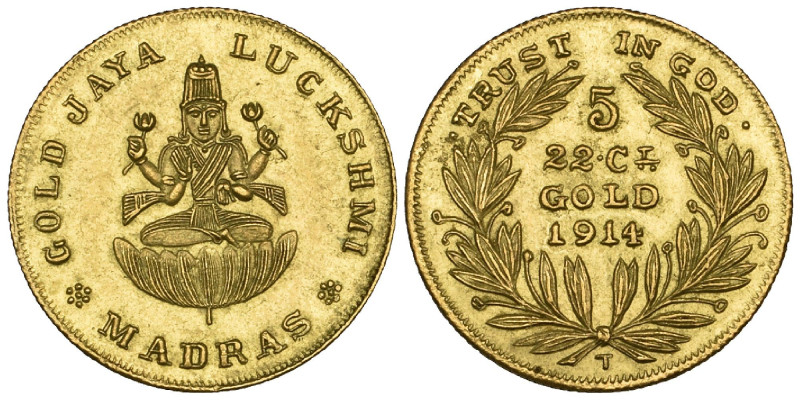 India, Madras, gold Jaya Luckshmi bullion token, 1914, Lackshmi seated, rev., TR...