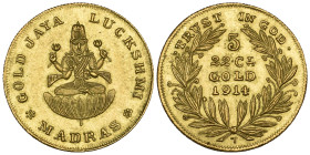 India, Madras, gold Jaya Luckshmi bullion token, 1914, Lackshmi seated, rev., TRUST IN GOD and 5/22 CT/GOLD/1914 in wreath, T below, 1.54g, about extr...