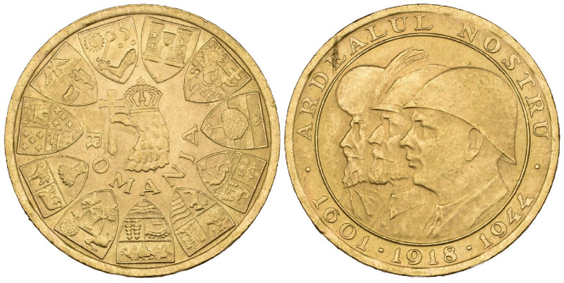 g Romania, Michael I, Second Reign (1940-47), medallic 20 lei, 1944, busts of Mi...