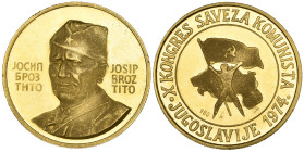 Yugoslavia, 10th Communist Party Congress 1974, gold medal, uniformed bust of Josip Broz Tito three-quarters left, rev., figure holding party flag ove...