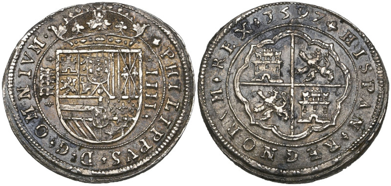 Spain, Philip II (1556-98), machine-struck 4 reales, 1597, Segovia mint, OMNIVM ...