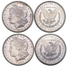 U.S.A., Morgan dollars (2), both 1879 S, with reverse of 1879, choice mint state, with reflective surfaces, generally light bagmarks and a couple of t...