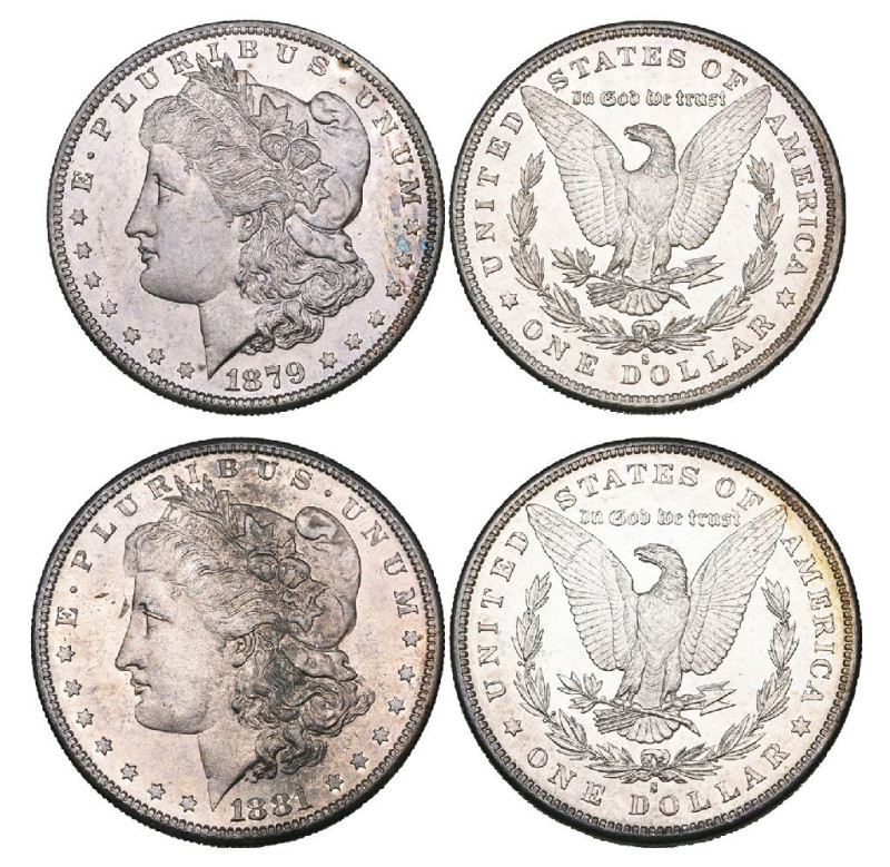 U.S.A., Morgan dollars (2), 1879 S, with reverse of 1879, 1881 S, choice mint st...