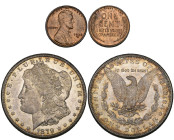 U.S.A., Morgan dollar, 1879 S, reverse of 1879, light bagmarks on Liberty’s cheek, mint state, with light, mottled toning and Lincoln cent, 1936 S, mi...