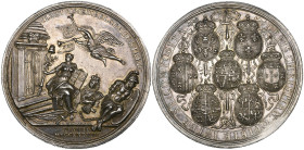 George II, Jubilee of the Peace of Utrecht, 11 April 1738, silver medal, by Nicolaus van Swinderen, figure of Belgium before Temple of Janus, a captiv...