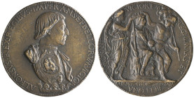 Italy, Cristoforo di Geremia (fl. 1456-76), Alfonso V of Aragon (1396-1458), bronze medal, bust to right resting on a crown, wearing a richly decorate...