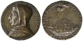 Italy, Circle of Niccolò Spinelli, called Fiorentino, Girolamo Savonarola, bronze medal, bust of Savonarola left wearing monk’s habit, Rev., the sword...