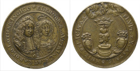 France, Lorraine, Charles V, bronze medal, on his marriage to Archduchess Eleonora of Austria, 1678, busts of Charles V and Eleonora facing threequart...