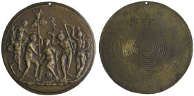 Italy, Master IO FF, Ariadne on Naxos, bronze plaquette (c. 1480), Ariadne seated holding a rudder, flanked by, on the left, a satyr bearing a satyres...
