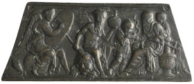 Italy, Andrea Briosco, called Riccio (c. 1470-1532), Allegorical Figures, bronze trapezoidal plaquette, from the left, a seated figure of Victory insc...