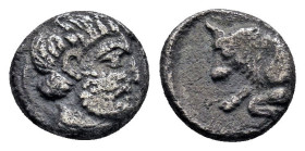 Satraps of Karia, Hekatomnos AR Diobol. Mylasa, circa 395-377 BC. Laureate head of Apollo to right / Forepart of bull to left; [Ǝ](?) on shoulder; all...
