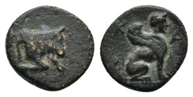 CARIA. Kaunos. Ae (Circa 350-300 BC). AE 1,07gr.
Forepart of bull right / K - A. Sphinx seated right.
Konuk pl. 50, A; SNG Copenhagen 181.