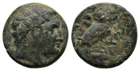THRACE. Agathopolis. (Circa 300 BC). Diademed male head right / AΓΑΘO. Owl standing right, head facing; below, spearhead right. SNG Copenhagen 855; HG...