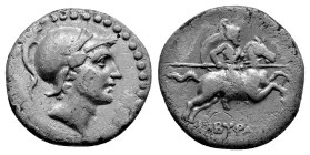 Phrygia. Kibyra 166-84 BC. Draped male bust right, wearing crested helmet bordered around by dots / ΚΙΒΥΡΑΤΩΝ; horseman galloping right, holding couch...