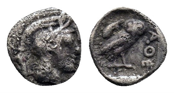 Attica, Athens AR Hemiobol. Circa 500-485 BC. Helmeted head of Athena right / Ow...