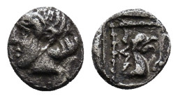 Ionia. Phokaia 420-380 BC. Hemiobol AR 0,36g., 6mm Head of Apollo left / Head of griffin right within linear square. SNG Copenhagen 1033, here griffin...
